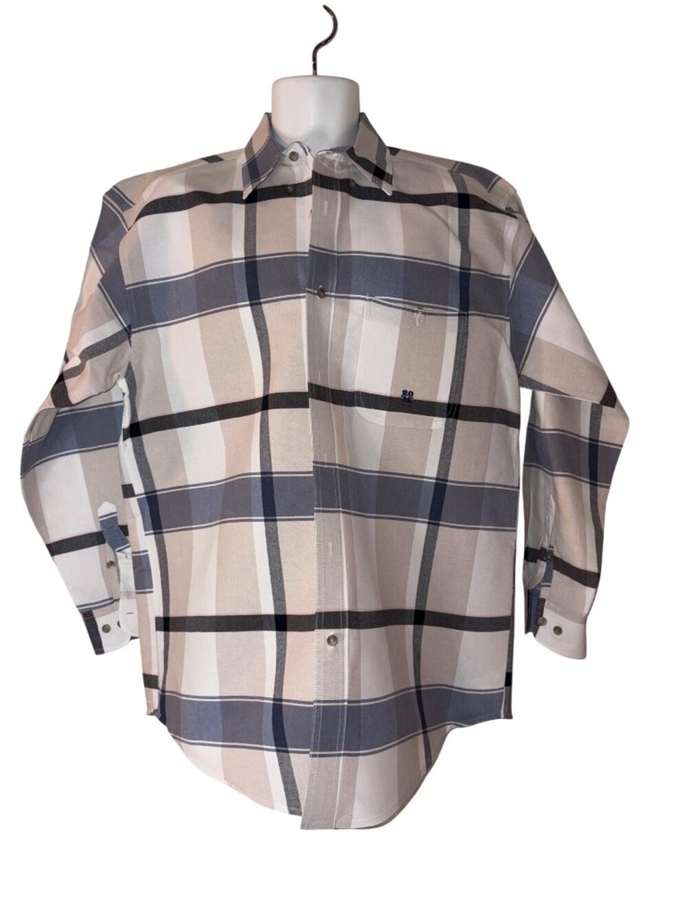 Mens Wrangler 20X Western Plaid Long Sleeve Button-Up Shirt Beige & Blue Stripes